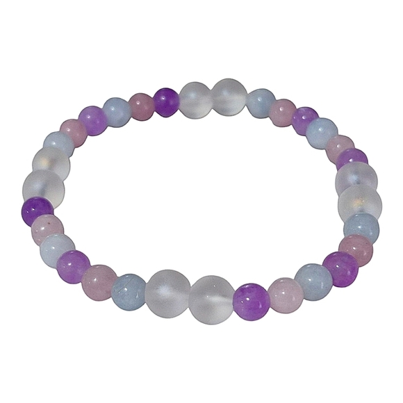 Handcrafted Morganite and Aurora Iridescent Glass Bead Stretch Bracelet - Picture 2 of 3